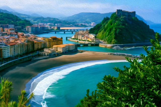 La Concha Bay Panorama, San Sebastian watercolor canvas