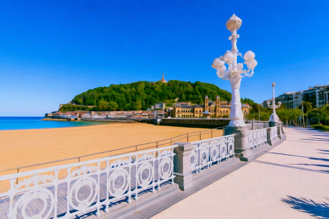 La Concha Promenade Beachfront, San Sebastian watercolor canvas