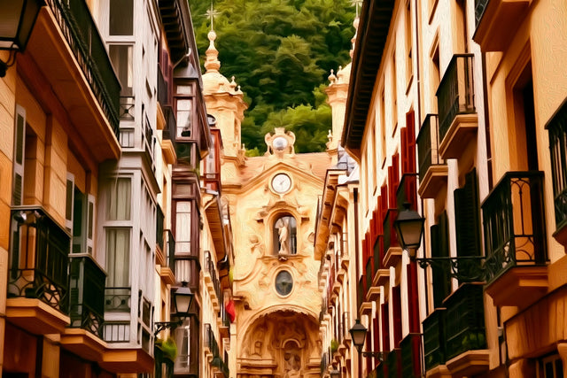 San Sebastian Old Town Church, San Sebastian watercolor canvas