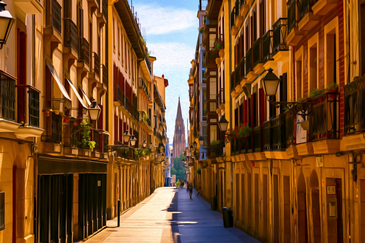 San Sebastian Old Town Street gallery canvas, unframed and in an espresso floating frame — San Sebastian, Spain