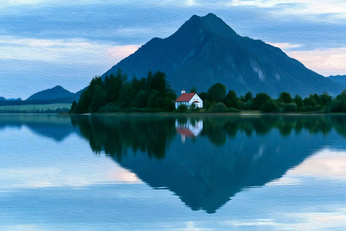 Alpsee Lake Mountain Reflection gallery canvas, unframed and in an espresso floating frame — Schwangau, Germany