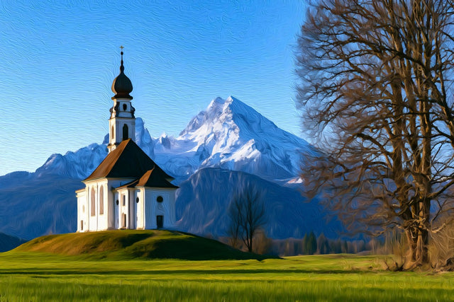 Maria Gern Church Watzmann, Schwangau watercolor canvas