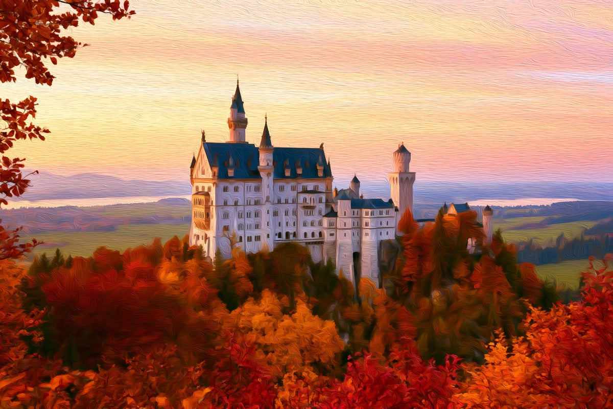 Neuschwanstein Castle Autumn Hillside gallery canvas, unframed and in an espresso floating frame — Schwangau, Germany