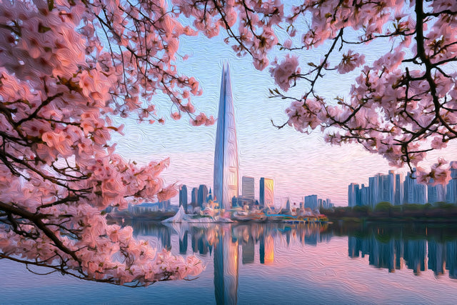 Lotte Tower Han River Cherry Blossoms, Seoul watercolor canvas