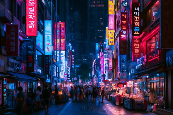 Myeongdong Night Market Street, Seoul watercolor canvas