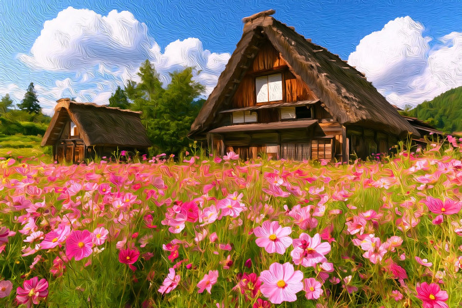 Gassho-zukuri Farmhouses Cosmos Field &mdash; Shirakawa-go canvas