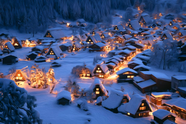 Shirakawa-go Winter Village, Shirakawa-go watercolor canvas