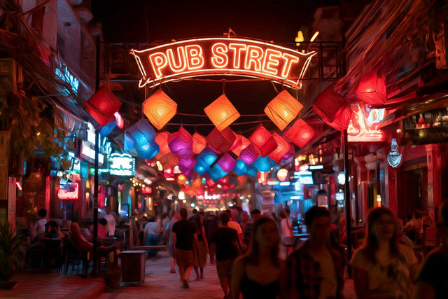 Pub Street Neon Night, Siem Reap watercolor canvas