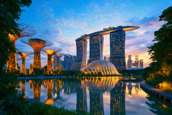 Singapore Supertrees Marina Skyline, Gardens by the Bay watercolor canvas