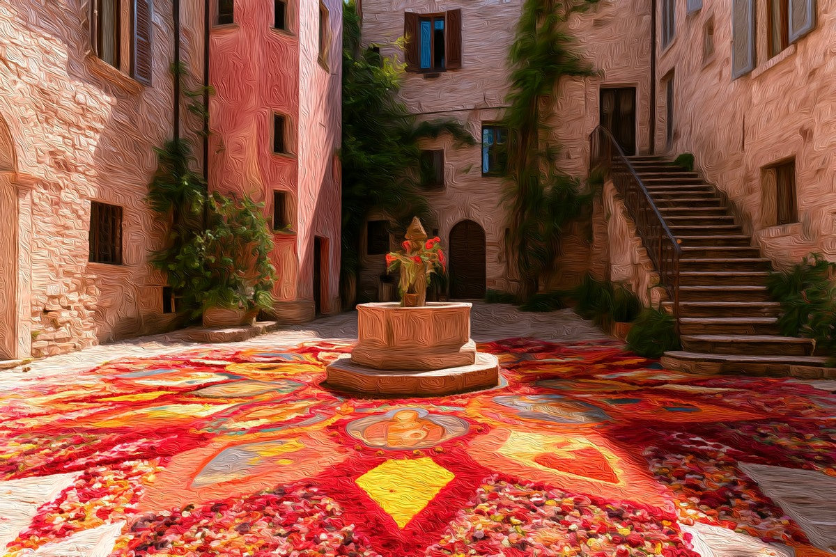 Spello Infiorata Flower Carpet Courtyard gallery canvas, unframed and in an espresso floating frame — Spello, Italy