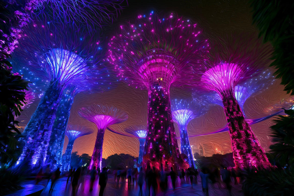 Supertree Grove Night Illumination gallery canvas, unframed and in an espresso floating frame — Gardens by the Bay, Singapore