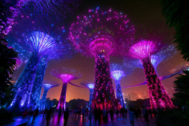 Supertree Grove Night Illumination, Gardens by the Bay watercolor canvas