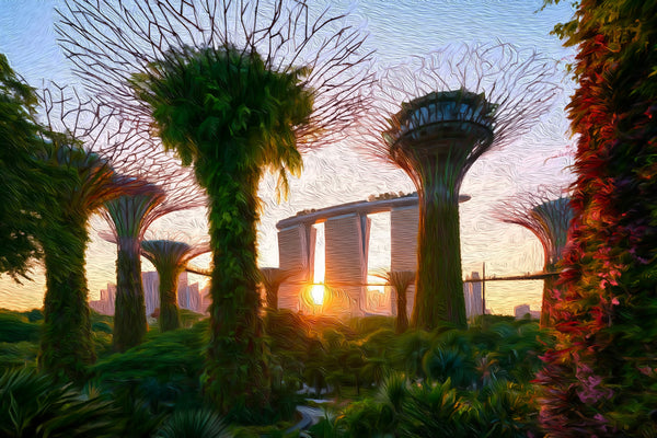 Supertree Grove Sunset Singapore, Gardens by the Bay watercolor canvas