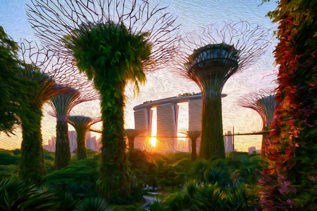 Supertree Grove Sunset Singapore, Gardens by the Bay watercolor canvas
