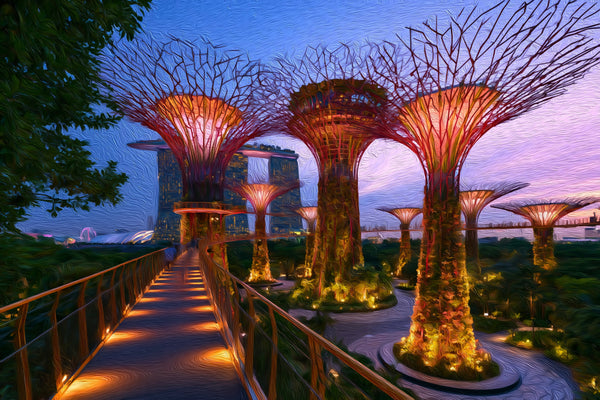 Supertree Grove Twilight Walkway, Gardens by the Bay watercolor canvas