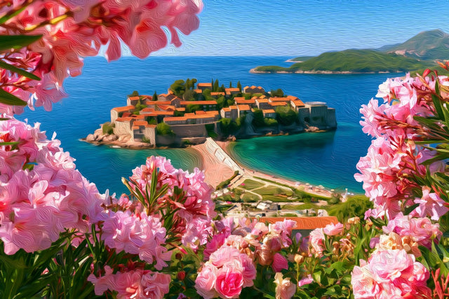 Sveti Stefan Island Village, Sveti Stefan watercolor canvas
