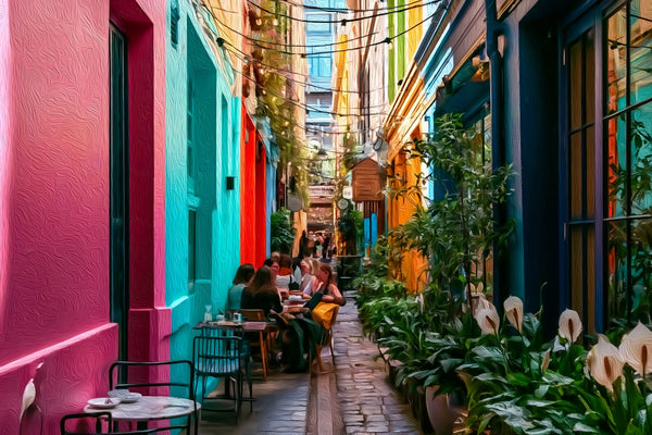 Colorful Narrow Alley Cafe, Sydney watercolor canvas