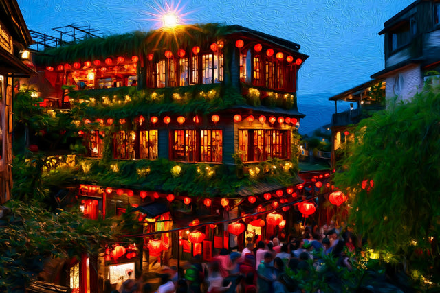Jiufen Old Street Teahouse, Taipei watercolor canvas