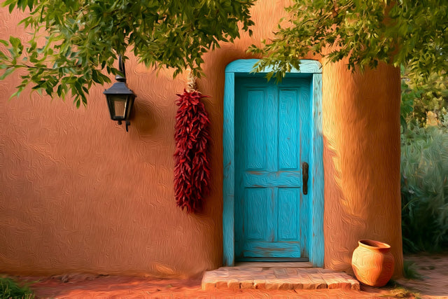 Taos Adobe Blue Door, Taos watercolor canvas