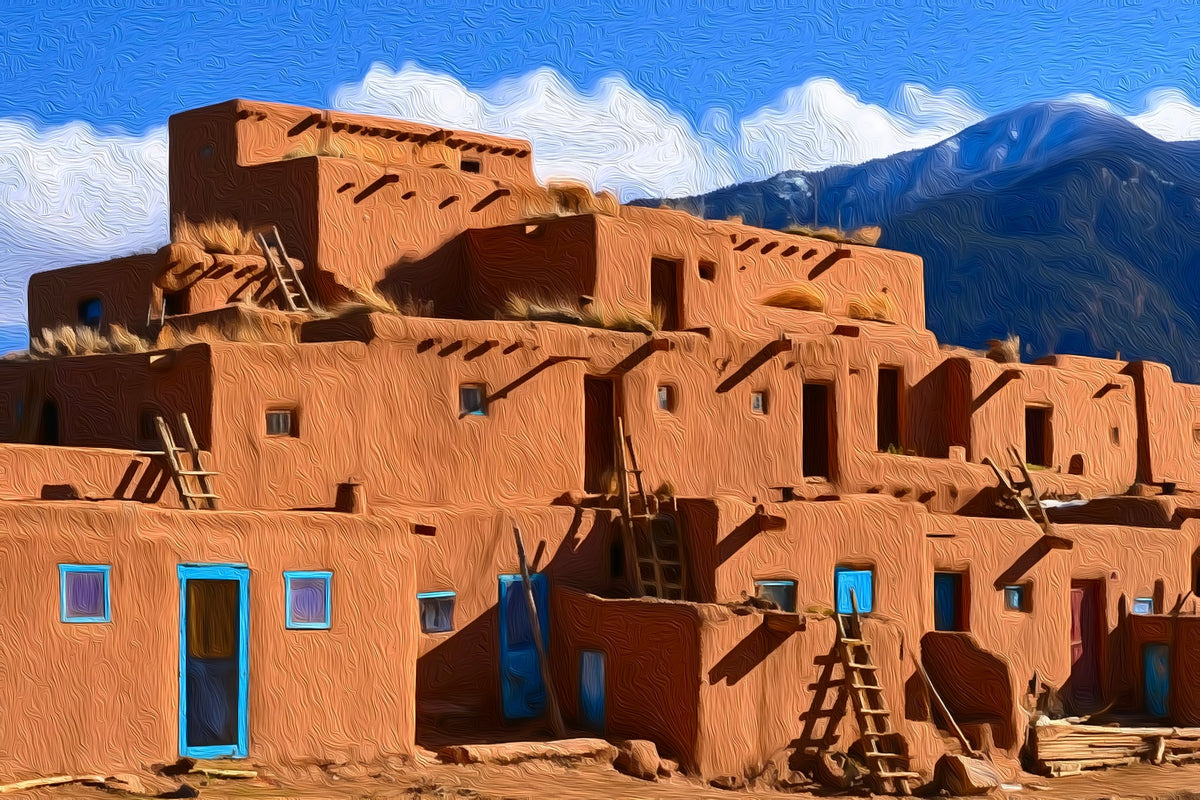 Taos Pueblo Adobe Dwellings gallery canvas, unframed and in an espresso floating frame — Taos, New Mexico