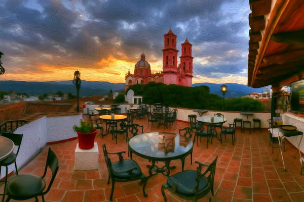 Taxco Rooftop Cathedral View, Taxco watercolor canvas
