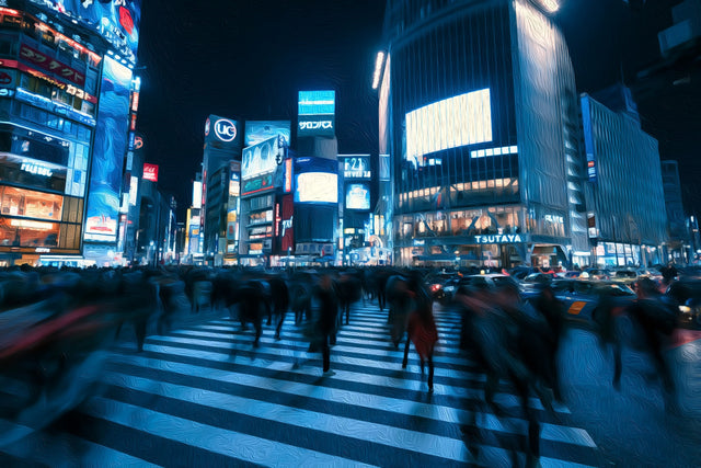 Shibuya Scramble Crossing Night, Tokyo watercolor canvas