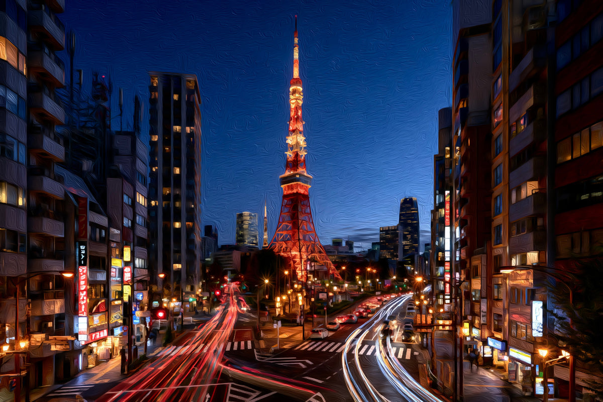 Tokyo Tower Night Street gallery canvas, unframed and in an espresso floating frame — Tokyo, Japan