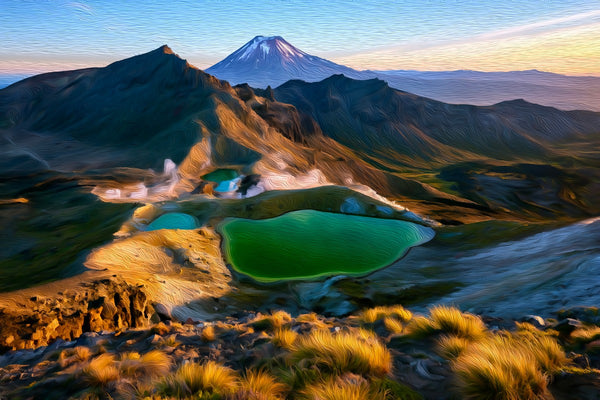 Emerald Lakes Volcanic Peaks, Tongariro National Park watercolor canvas