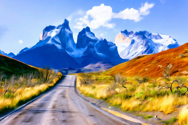 Torres del Paine Cuernos Road, Torres del Paine watercolor canvas