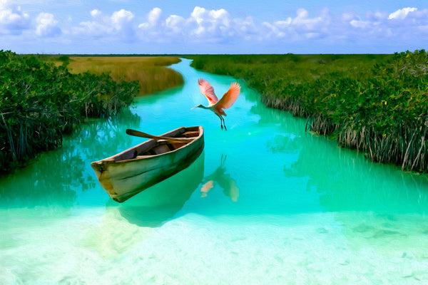 Tulum Mangrove Canal Roseate Spoonbill, Tulum watercolor canvas