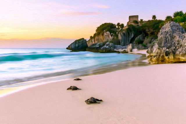 Tulum Ruins Coastal Cliffs, Tulum watercolor canvas
