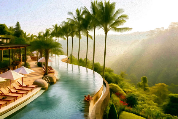 Hillside Infinity Pool Resort, Ubud watercolor canvas