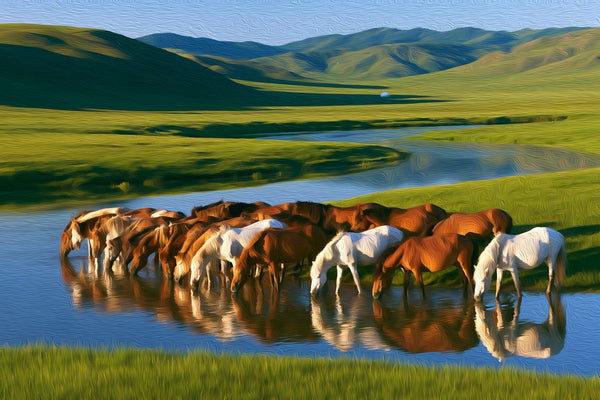 Mongolian Steppe River Horses, Ulaanbaatar watercolor canvas