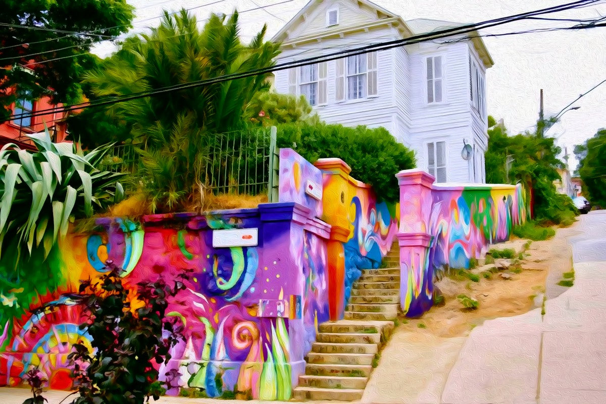 Valparaíso Cerro Alegre Murals gallery canvas, unframed and in an espresso floating frame — Valparaíso, Chile