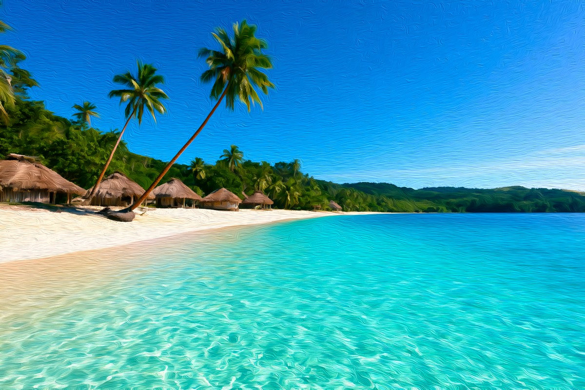 Champagne Beach Thatched Bungalows gallery canvas, unframed and in an espresso floating frame — Vanuatu Islands, Vanuatu