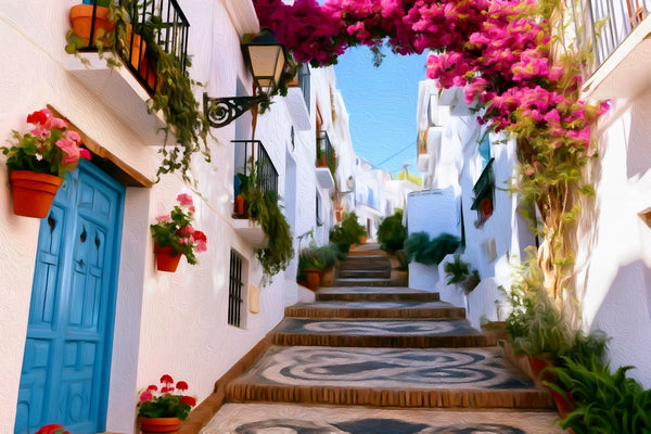 Frigiliana Narrow Cobblestone Street, White Villages of Andalusia watercolor canvas