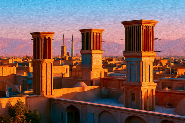 Ancient Windtower Skyline, Yazd watercolor canvas