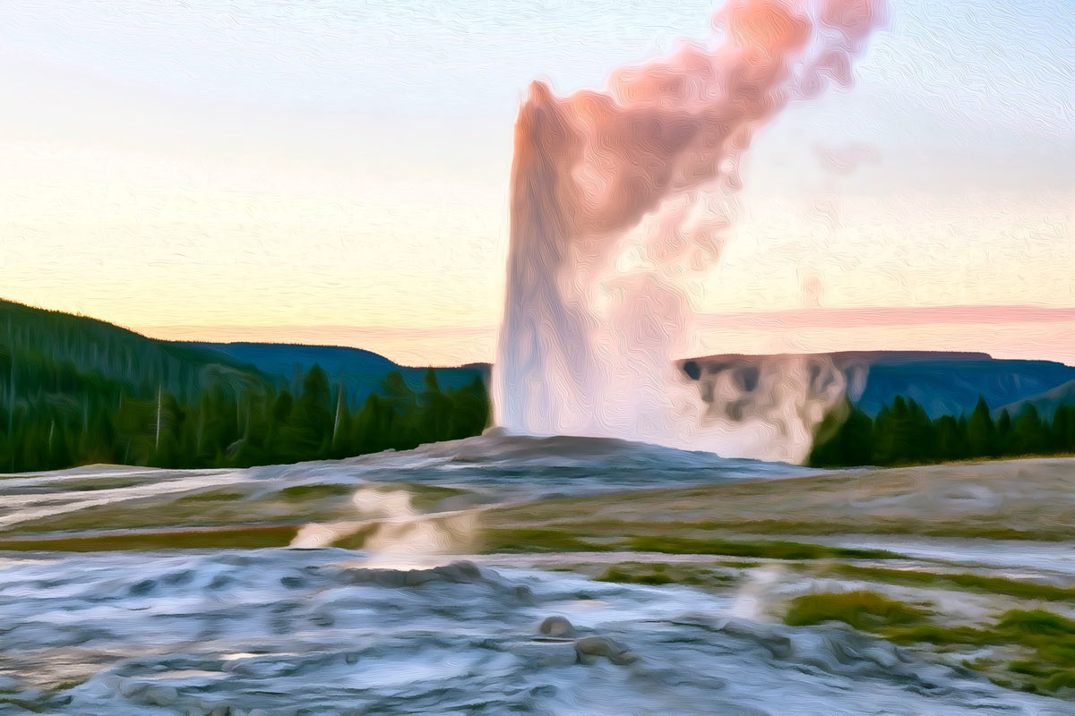Old Faithful Geyser Eruption gallery canvas, unframed and in an espresso floating frame — Yellowstone National Park, Wyoming