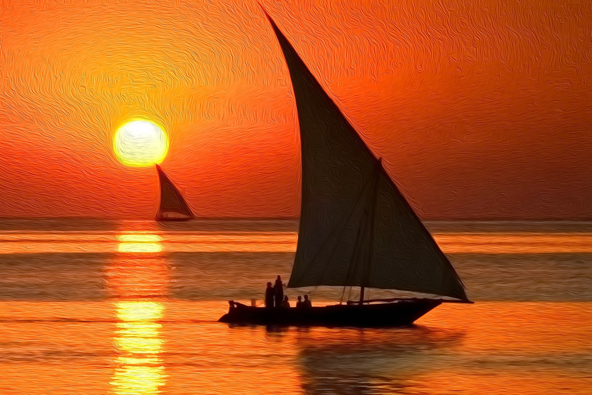 Zanzibar Dhow Sunset Sail gallery canvas, unframed and in an espresso floating frame — Zanzibar, Tanzania
