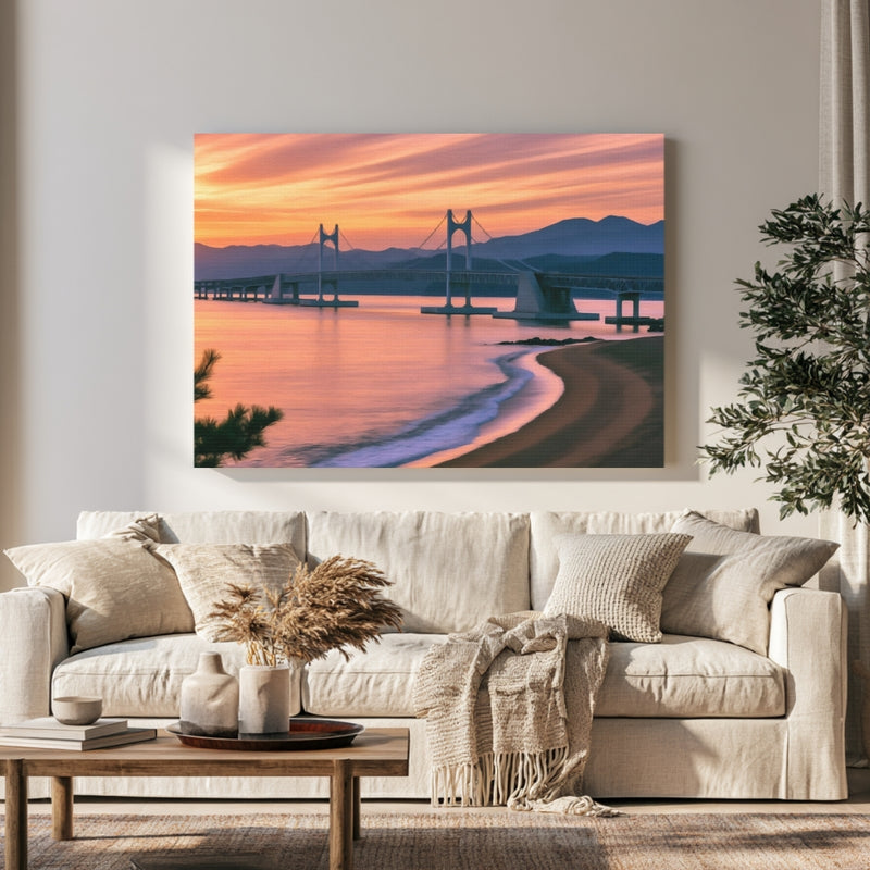 Gwangan Bridge Coastal Sunset in a room — Busan, South Korea