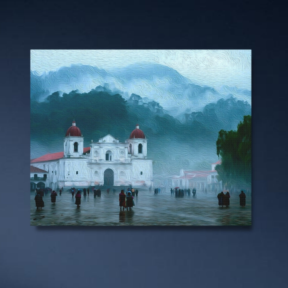 Cobán, Guatemala | Misty Cathedral Plaza Scene | Original Series Gallery Canvas detail