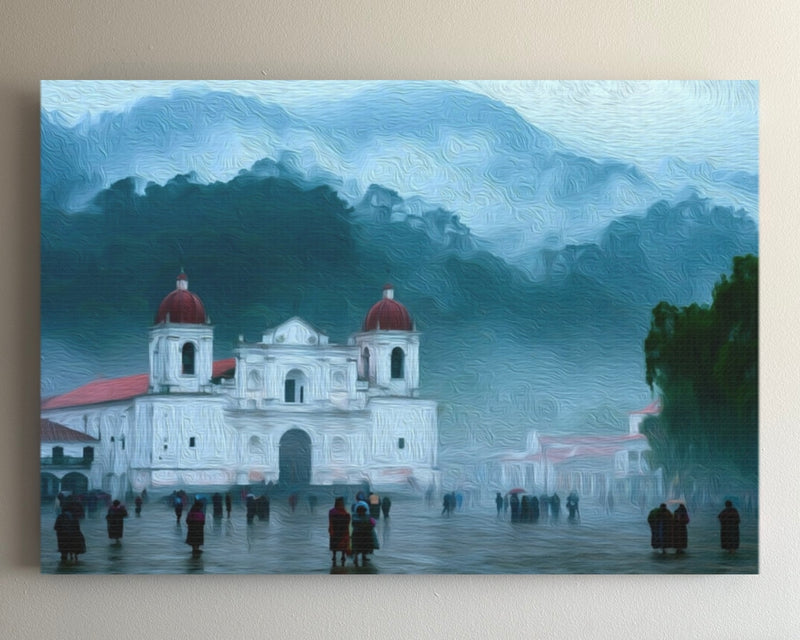 Misty Cathedral Plaza Scene — Cobán, Guatemala