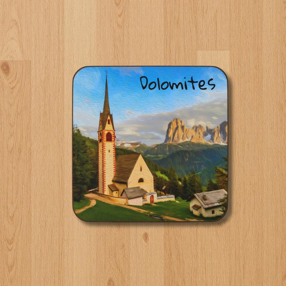 Dolomites, Italy | Dolomites Alpine Church | Original Series Hardboard Coaster