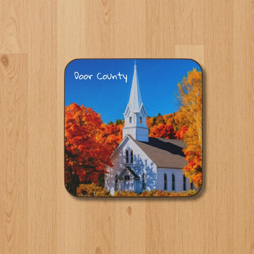 Door County, Wisconsin | Autumn Country Church Steeple | Original Series Hardboard Coaster