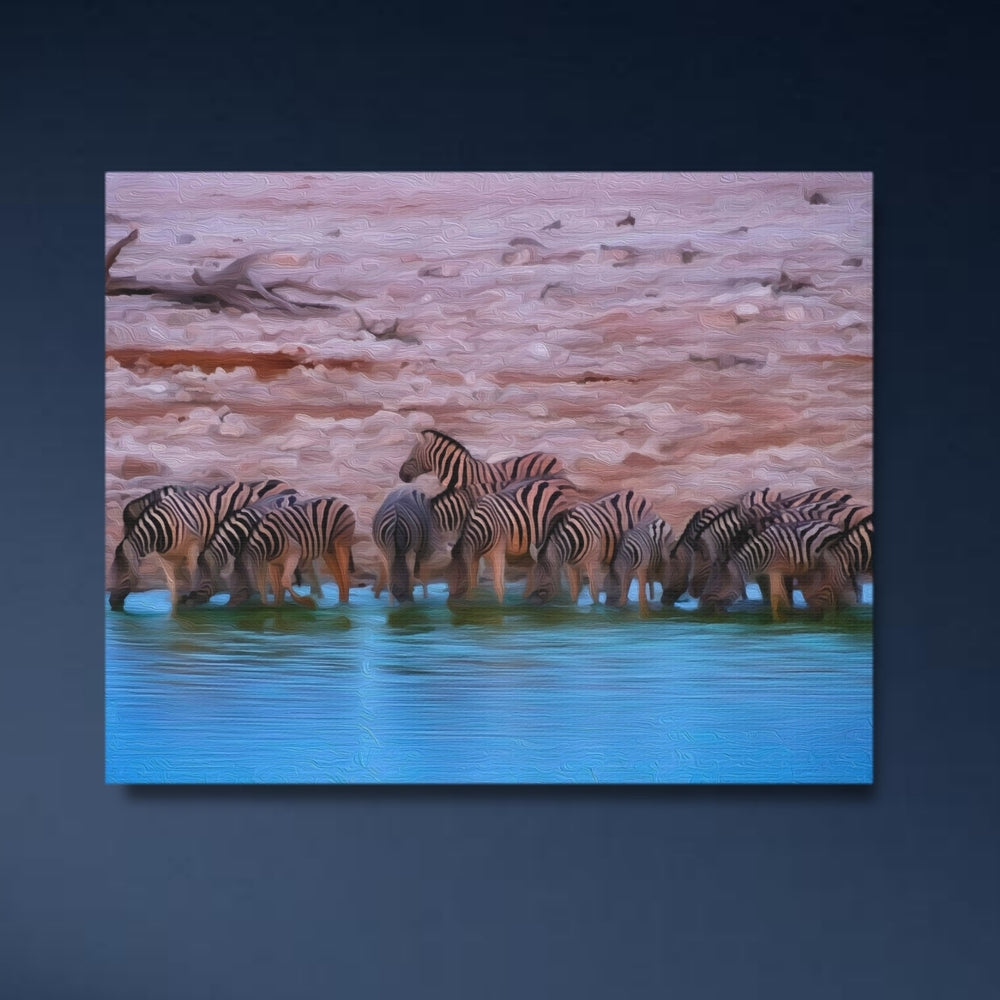 Etosha National Park, Namibia | Zebras at Watering Hole | Original Series Gallery Canvas detail
