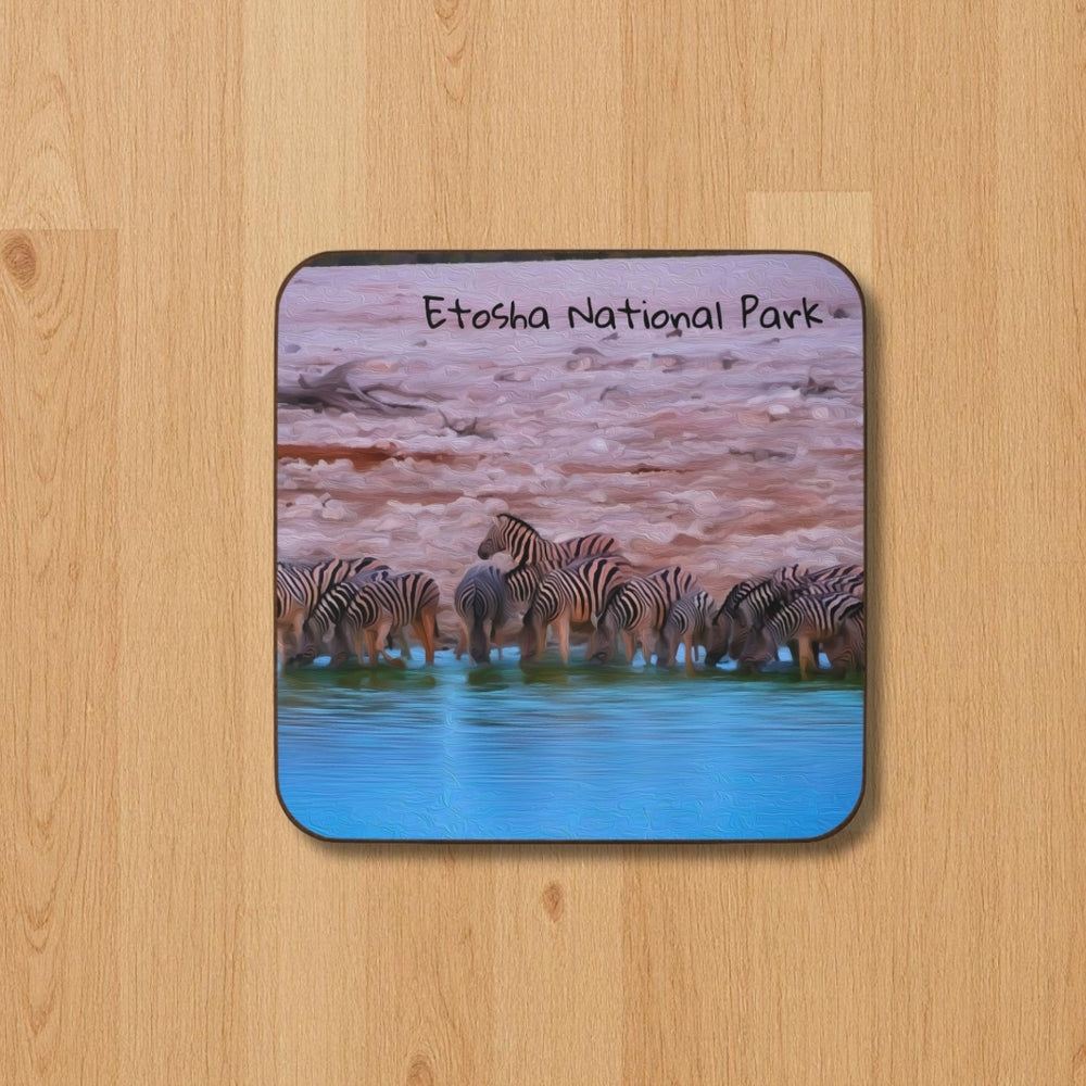 Etosha National Park, Namibia | Zebras at Watering Hole | Original Series Hardboard Coaster