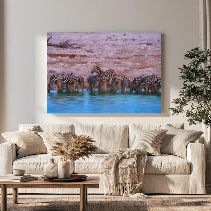 Zebras at Watering Hole — Etosha National Park, Namibia, view 1