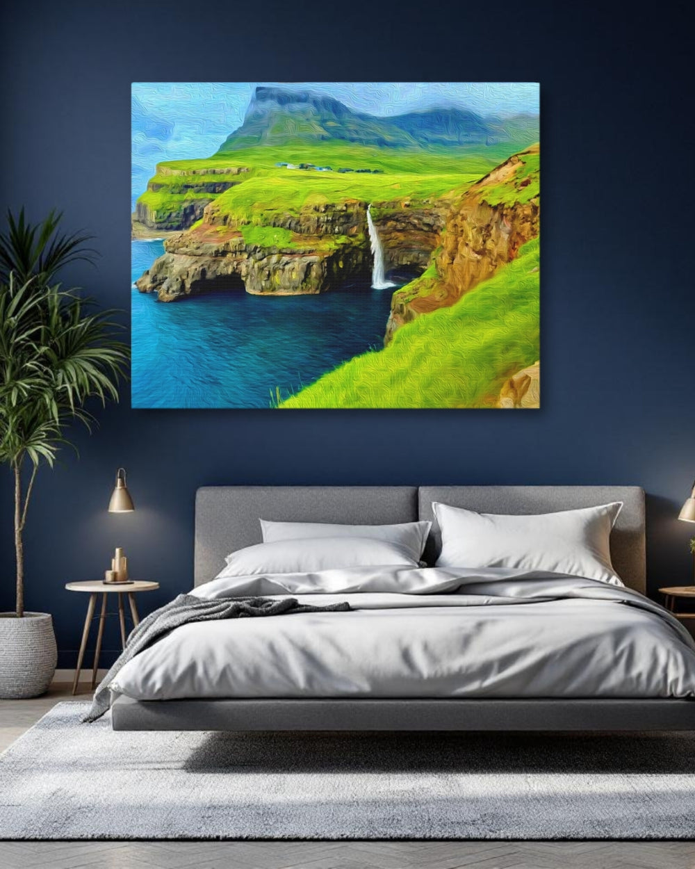 Faroe Islands, Denmark | Coastal Cliffs and Waterfall | Original Series Gallery Canvas detail