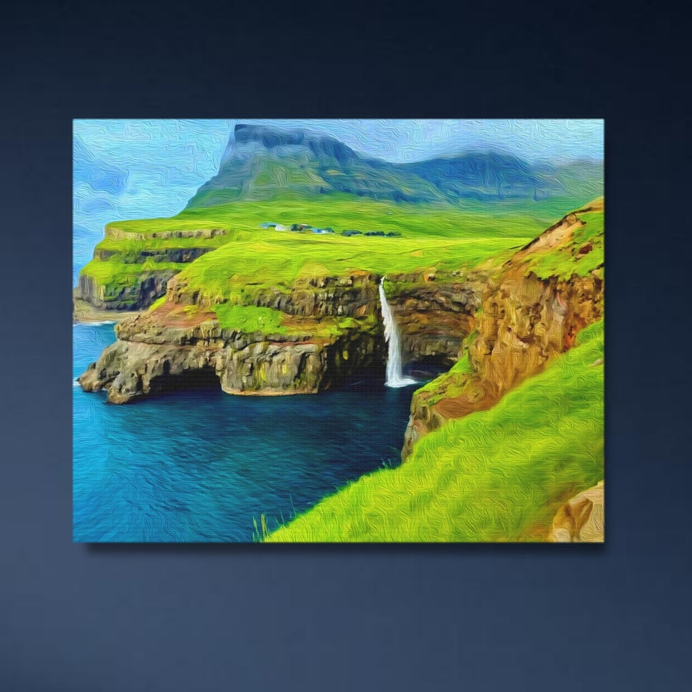 Faroe Islands, Denmark | Coastal Cliffs and Waterfall | Original Series Gallery Canvas detail