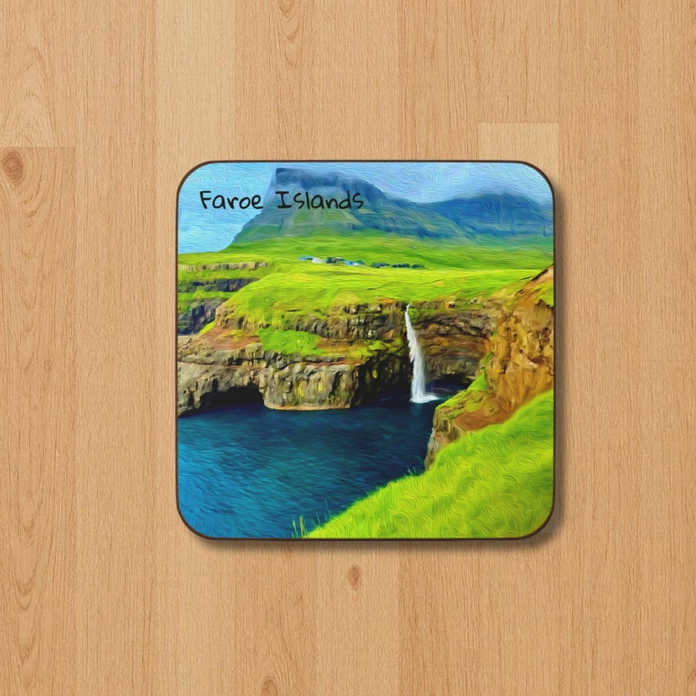 Faroe Islands, Denmark | Coastal Cliffs and Waterfall | Original Series Hardboard Coaster